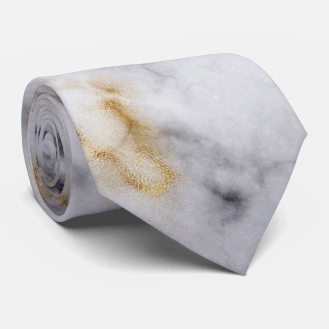 White Grey and Gold Marble Pattern Tie (Rolled)