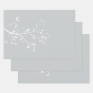 White Grey Bird Branches Wedding Wrapping Paper Sheet