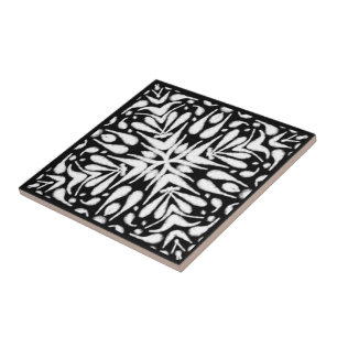 White Grey Black Abstract Fuzzy Bottlebrush Art Ceramic Tile