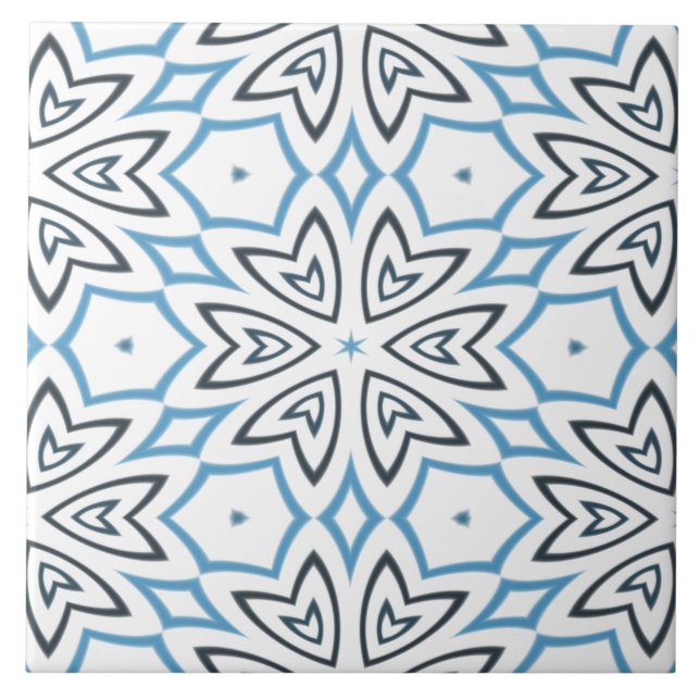 White, Grey & Blue Geometric Snowflake Ceramic Tile (Front)