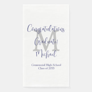 White Grey Blue Monogrammed Graduation Party Napkin