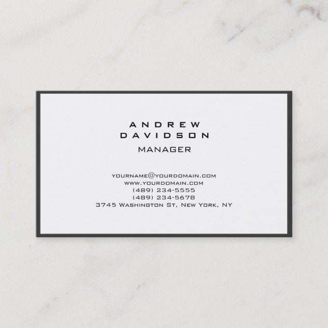 White Grey Border Pattern Plain Chic Business Card (Front)