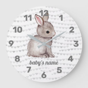 White Grey Bunny Heart Nursery Decor Wall Clock