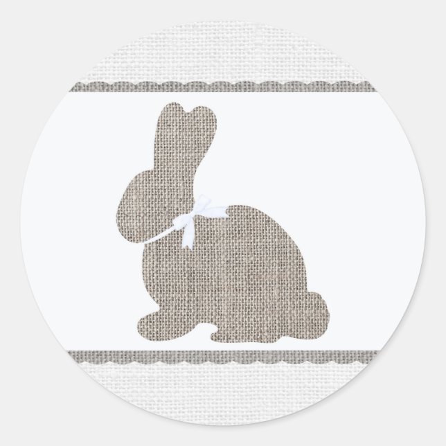 White Grey Burlap Rustic Bunny Easter Baby Shower Classic Round Sticker (Front)