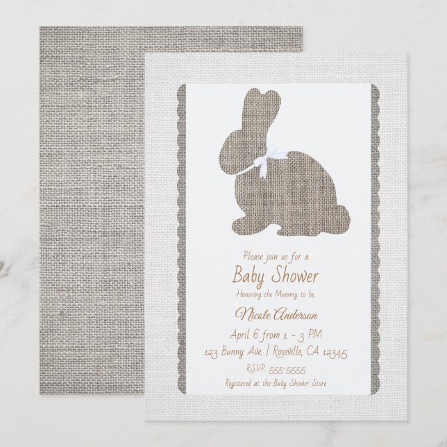 White Grey Burlap Rustic Bunny Easter Baby Shower Invitation (Front/Back)