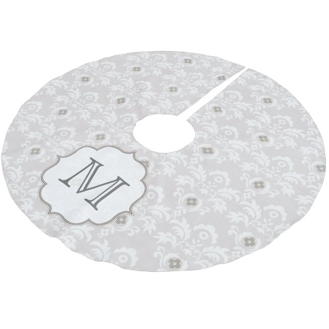 White Grey Damask Lace Monogram Initial Tree Skirt (Angled)