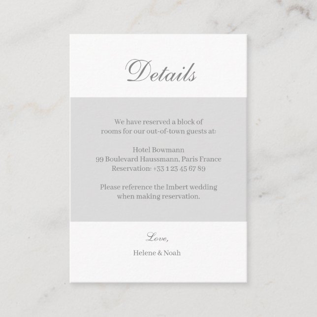 White Grey Elegant Wedding Hotel Detail Enclosure Card (Front)