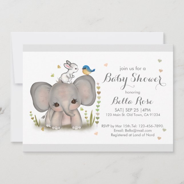 White Grey Elephant Bunny Baby Shower Invitation (Front)
