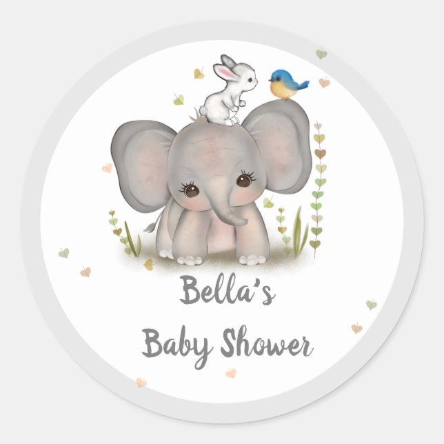 White Grey Elephant Bunny Bird Baby Shower Sticker (Front)