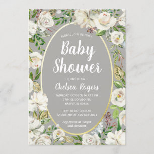 White Grey Floral Gender Neutral Chic Baby Shower Invitation