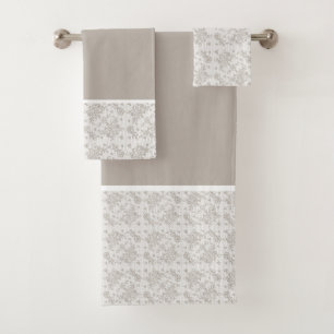 White & Grey Floral Lace Bath Towel Set