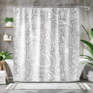 White & Grey Floral Paisley Lace Pattern Shower Curtain