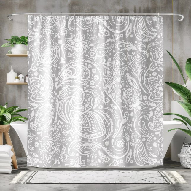 White & Grey Floral Paisley Lace Pattern Shower Curtain (Creator Uploaded)