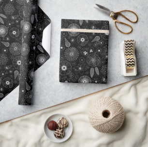 White & Grey Flowers Elegant Outline Pattern Wrapping Paper