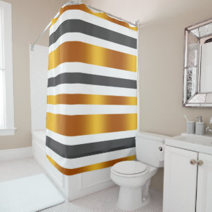 White grey gold effect striped shower curtain