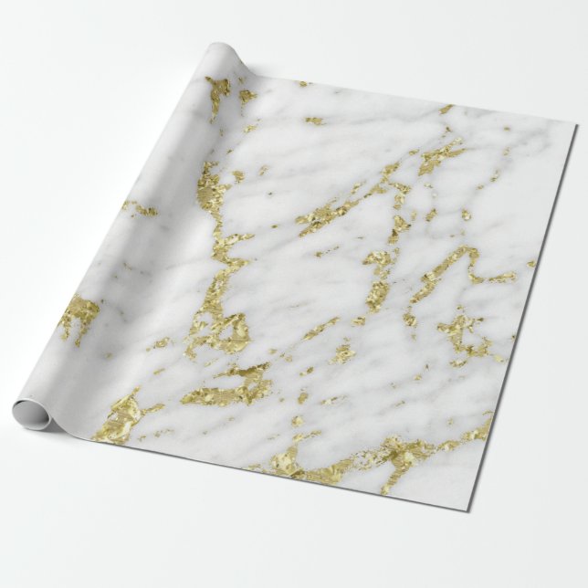 White Grey Gold  Glitter Carrara Marble Stone Lux Wrapping Paper (Unrolled)