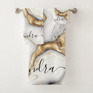 White Grey Gold Marble Elegant Modern Glam Bath Towel Set