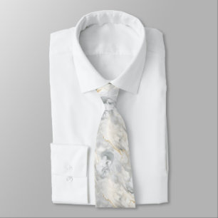 White Grey Gold Marble Swirl Wedding Formal Groom Tie