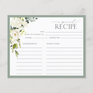 White Grey Green Floral Bridal Shower Recipe Card