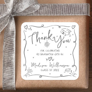 White Grey Hand Drawn Doodle Graduation Thank You Square Sticker