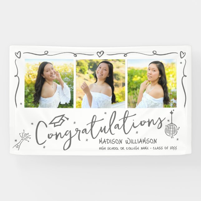 White Grey Hand Drawn Doodles Graduation 3 Photo Banner (Horizontal)