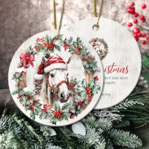 White grey horse Christmas holly berry wreath wood