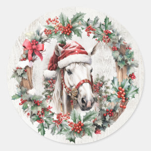 White grey horse Christmas holly berry wreath wood Classic Round Sticker