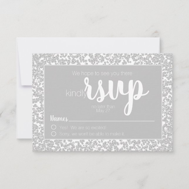 White Grey Informal Diamond Glitter Wedding RSVP (Front)