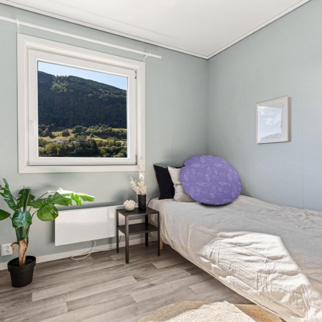 White grey  leaves pattern lavender round cushion (Creator Uploaded)