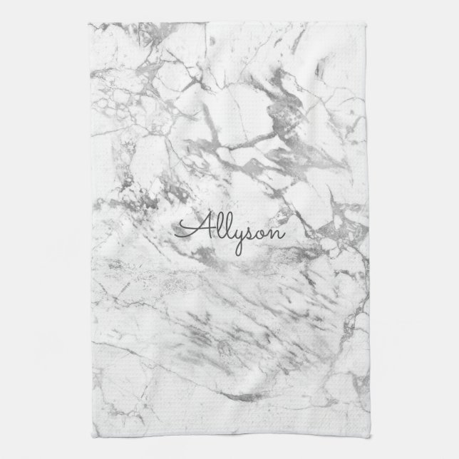 White & Grey Marble DIY Dark Grey Name or Monogram Tea Towel (Vertical)