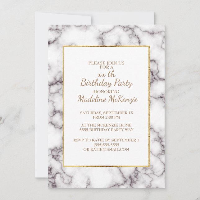 White Grey Marble Gold Trim Birthday Party Invite (Front)