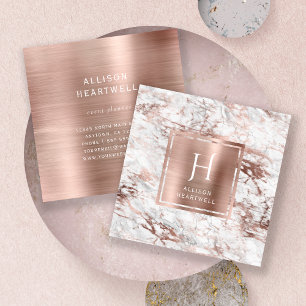White Grey Marble Rose Gold Brushed Foil Monogram Square Business Card
