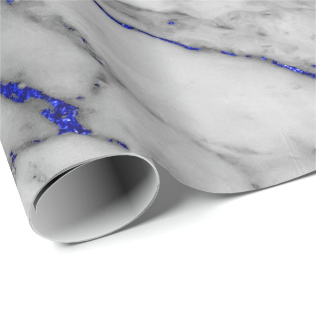 White Grey Marble Shiny Blue Navy Brushes Wrapping Paper (Roll Corner)