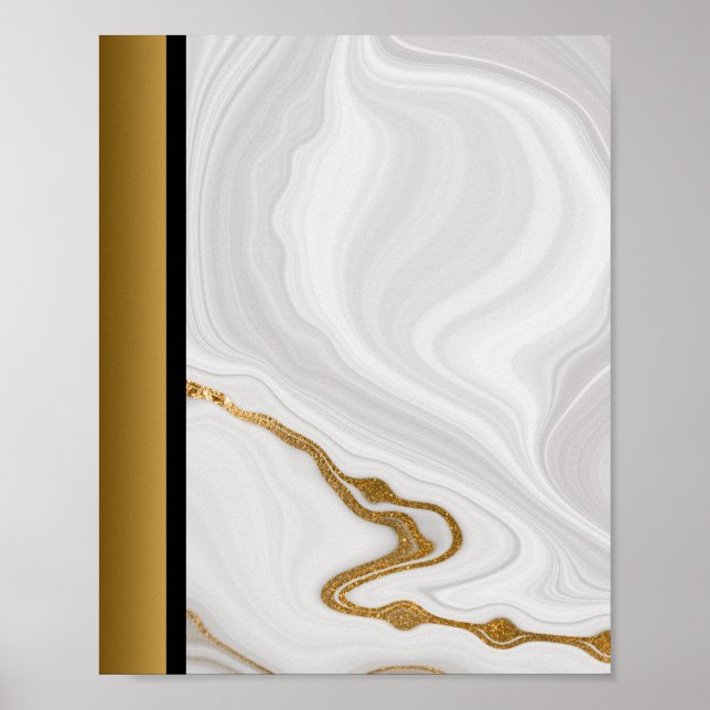 White Grey Marble Stone / Black Gold Border Art Poster (Front)
