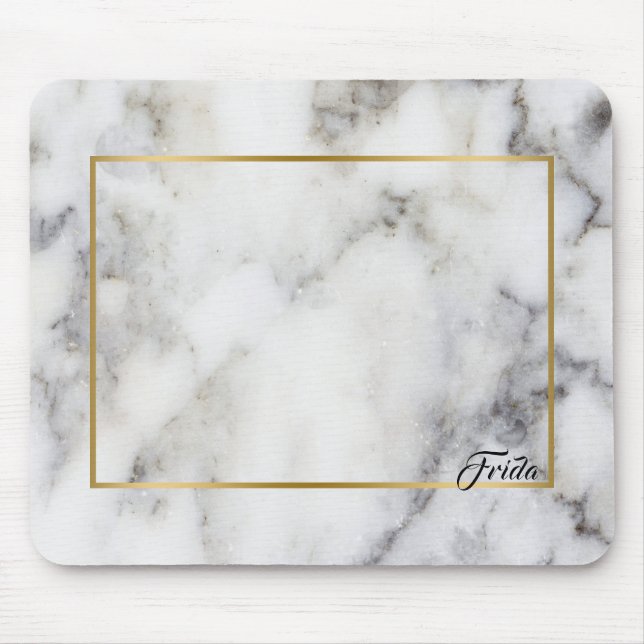 White & Grey Marble Stone Gold Border Frame Mouse Pad (Front)