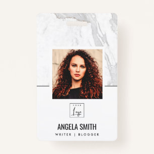 WHITE GREY MARBLE TEXTURE EMPLOYEE PHOTO BARCODE   ID BADGE