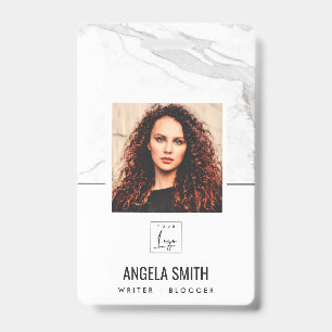 WHITE GREY MARBLE TEXTURE EMPLOYEE PHOTO BARCODE  ID BADGE