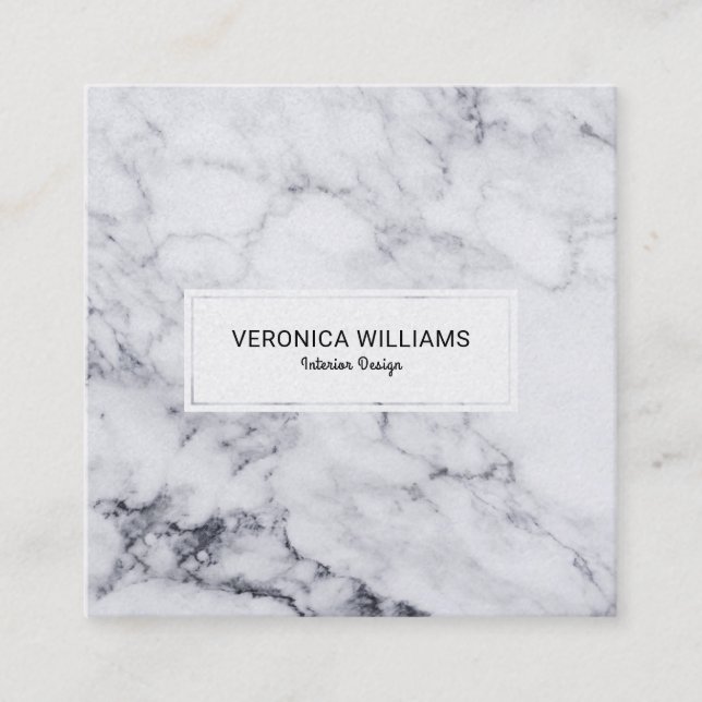 White & Grey Modern Faux Marble Square Business Card (Front)