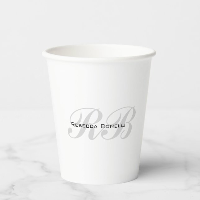 White Grey Monogram Name Initials Plain Stylish Paper Cups (Front)