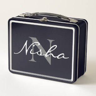 White Grey Monogram Name Metal Lunch Box