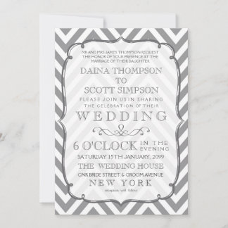 White Grey Neutral Alloy Chevron Stripes Wedding Invitation