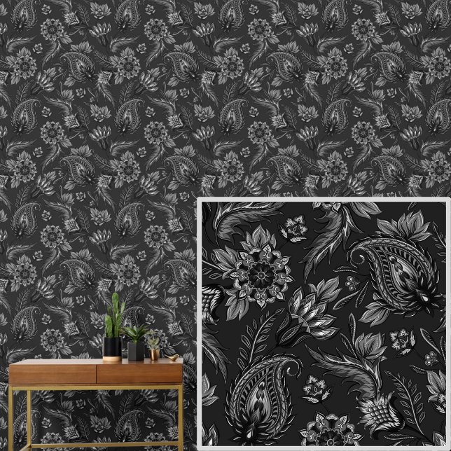 White Grey on Black  Floral Paisley Elegant  Wallpaper (Creator Uploaded)