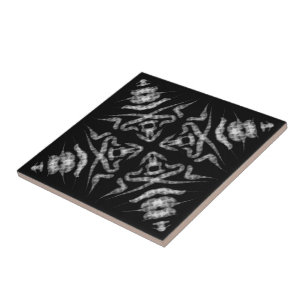 White Grey On Black Salty Watercolor Abstract Art Ceramic Tile
