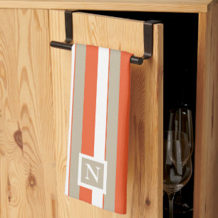 White Grey Orange Stripes Monogram     Tea Towel