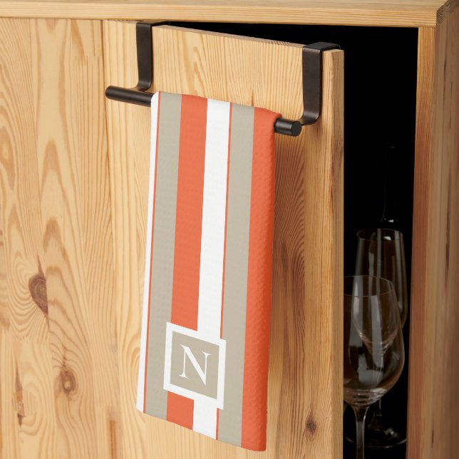 White Grey Orange Stripes Monogram     Tea Towel (Thirds Fold)