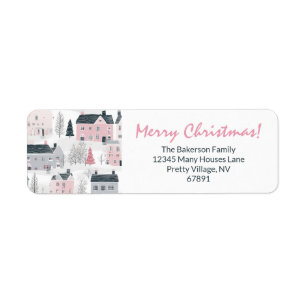 White, Grey, Pink Christmas Vintage Houses Return Address Label