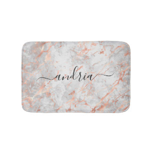 White & Grey Rose Gold Marble 4, Black Script Name Bath Mat