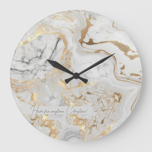 White Grey Sand faux golden Marble texture custom  Large Clock (Front)