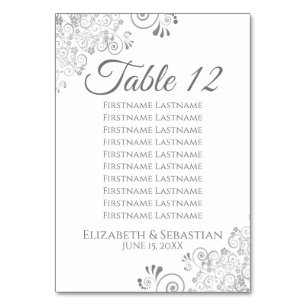 White & Grey Silver Frills Wedding Seating Chart Table Number