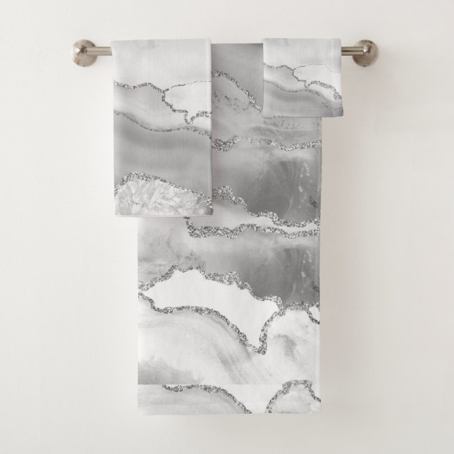 White Grey Silver Glitter Agate Elegant Bath Towel Set (Insitu)